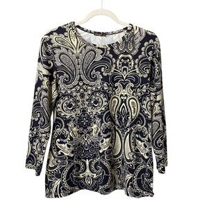 J.McLaughlin black Catalina Cloth paisley print stretch spandex Top size medium